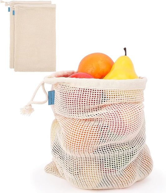Pack of 3 Reusable Produce Bags Washable, 11x17 Inch Large Reusable Grocery Bags Heavy Duty Cotton Bag Produce Storage, Enhanced Closure Edge, Double Stitched, with Tare Weight