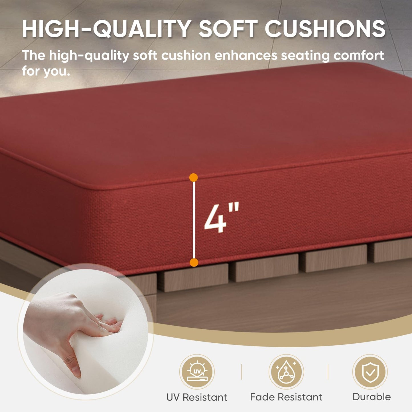 COOS BAY Natural Cedar Outdoor Patio Ottomans with Removable Cushions, Set of 2, Real Wood Footrests for Deck, Porch, Balcony, and Backyard, Brownish/Red