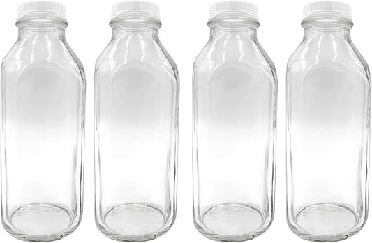 The Dairy Shoppe Glass Milk Bottle, Heavy Glass with Extra Lid, Creamery Style (4, Liter)