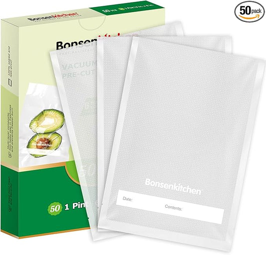 Bonsenkitchen Precut Vacuum Sealer Bags, 50 Pint 6" x 9" Food Sealer Bags, Food Grade, BPA Free, Heavy Duty, Customized Size Vacuum Bags for Vac Storage, Meal Prep or Sous Vide Cooking, VB10