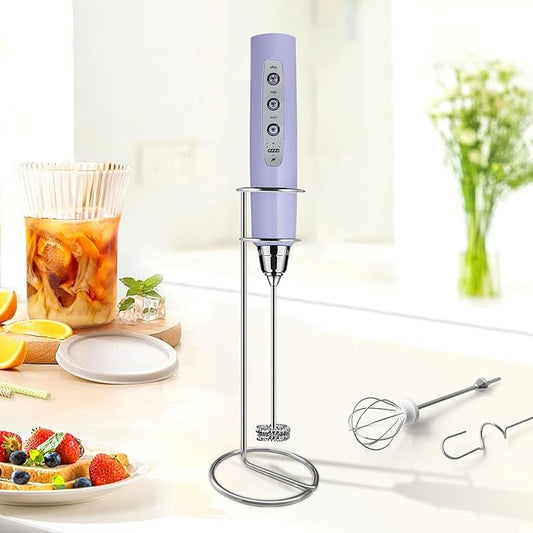 Sakgos Milk Frother with Stand Rechargeable- Handheld Coffee Frother with 3 Stainless Whisks 3 Speed Adjustable, Electric Whisk Drink Mixer, Foam Maker Blender for Matcha Latte Cappuccino Chocolate