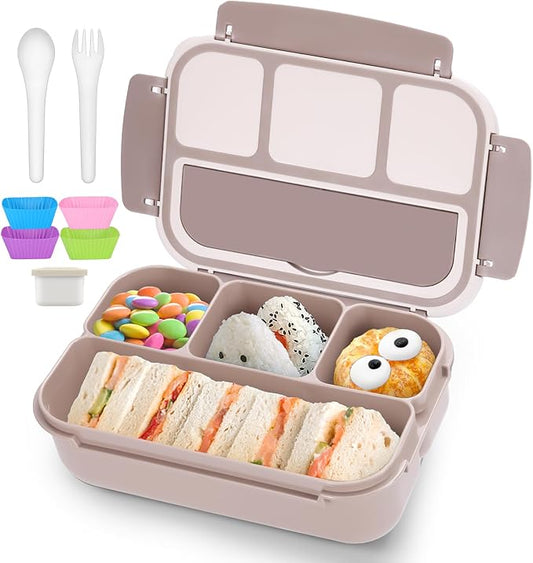 QQKO Bento Box Adult Lunch Box, Lunch Containers for Adults Men Women, Kids Lunch Boxes for School with 4 Compartments, Sauce Container, Utensils and Muffin Cups, Brown