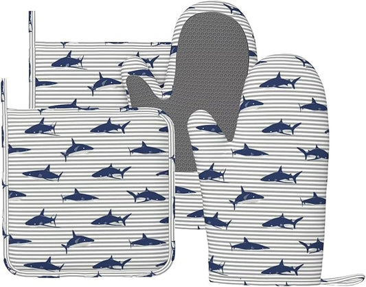 Sharks Oven Mitts and Pot Holders Sets Silicone Blue Shark Grey Stripes Kitchen Oven Mitts Hot Pads Heat Resistant Potholders Kitchen Mitts Set for Baking BBQ Cooking