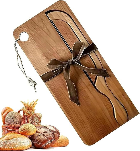 Bread Slicer for Homemade Bread, Manual Bow Knife and Cutting Board Set with Crumb Tray, Sourdough Loaf Slicer for Left & Right Handed Home Bakers, Wooden Board Design(Acacia Wood)