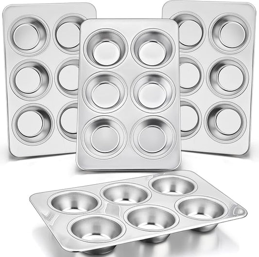 P&P CHEF Muffin Pan Cupcake Baking Pan Set, Stainless Steel Muffin Tin Tray for Mini Cake Tart Quiche, Oven & Dishwasher Safe, Non-toxic & Heavy-duty, (6 Cup, 4Pcs)