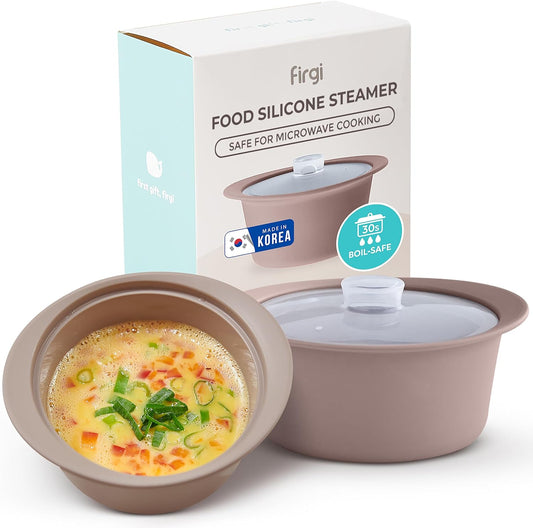 20oz Platinum Silicone Microwave Steamer Pot with Handle & Lid - Korea 100% Food-Grade Steamer Bowl, Heat-Resistant Cooker with Steam Holes, Easy Clean, Dishwasher Safe, Taupe Brown