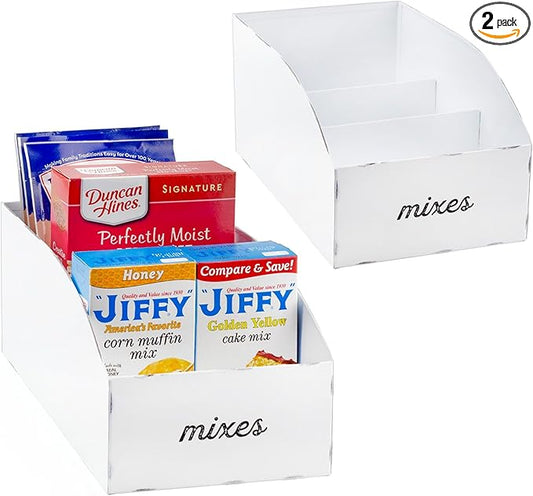 AuldHome Design Farmhouse Baking Mix Organizers (2-Pack, White); Enamelware Pantry Organization Divided Compartment Bins for Food Mixes and Spice Packets