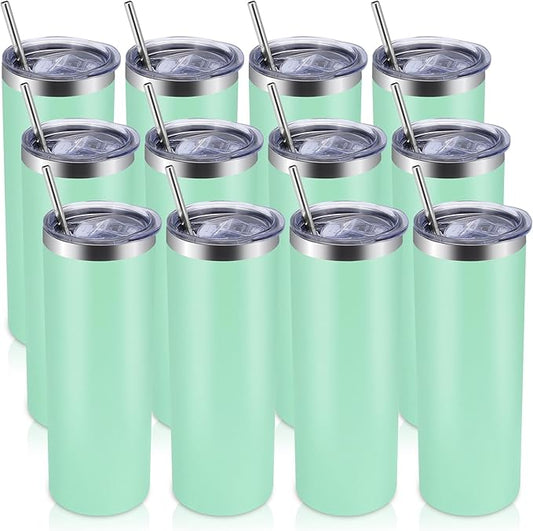 Volhoply 12 Pack Skinny Tumblers with Lid and Straw, 20oz Stainless Steel Straight Tumbler Bulk, Vacuum Insulated Coffee Mug for Home, Office, Travel, DIY (Mint,12 Pack)