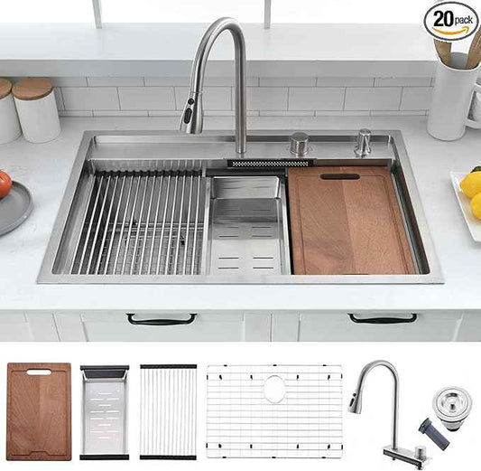 33 Inch Waterfall Drop In Kitchen Sink with Faucet Combo Workstation - VOKIM 33x22-Inch Drop In Sink Stainless Steel 16 Gauge Single Bowl Kitchen Sinks with Cutting Board