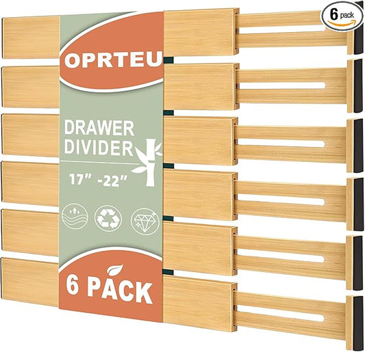 6-Pack Bamboo Drawer Dividers Organizer – Expandable 17''-22'' Kitchen & Clothing Storage for Deeper drawers of Dresser, Bedroom, Kitchen, Office