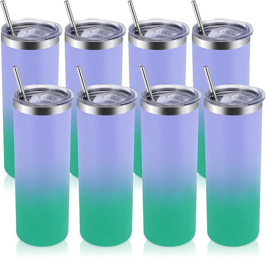 Volhoply 8 Pack Skinny Tumblers with Lid and Straw, 20oz Stainless Steel Straight Tumbler Bulk, Vacuum Insulated Coffee Mug for Home, Office, Travel, DIY (Purple Green,8 Pack)
