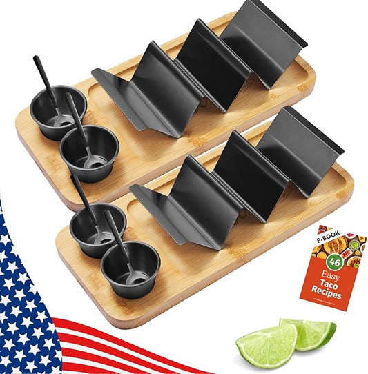 HolaTasty Taco Holder Kit - 2 Pack (Value Pack), 3-in-1 Taco Set of 2-6 slots for Tacos, Black Taco Presentation Rack Plate for Taco Tuesday Bar Party, Gifts for Taco Lover Vegetarian Cinco de Mayo