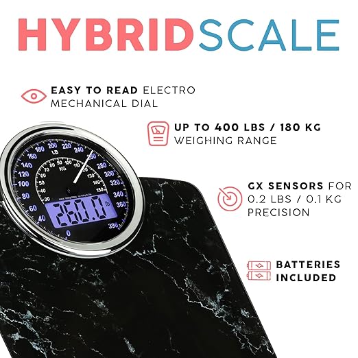 Adamson Hybrid 2-in-1 Analog & Digital Weighing Scale for Body Weight up to 400lbs + Thick Tempered Glass + Extra Large Display + Easy to Read Digital Bathroom Scale + New - Marble Black