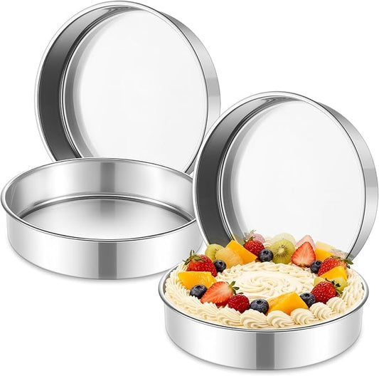 P&P CHEF 9 Inch Cake Pan Set of 4, 4 Pieces Round Layer Cake Baking Pans, Stainless Steel Smash Cake Tin Bakeware for Cooking Steaming, Nontoxic & Sturdy, Oven & Dishwasher Safe