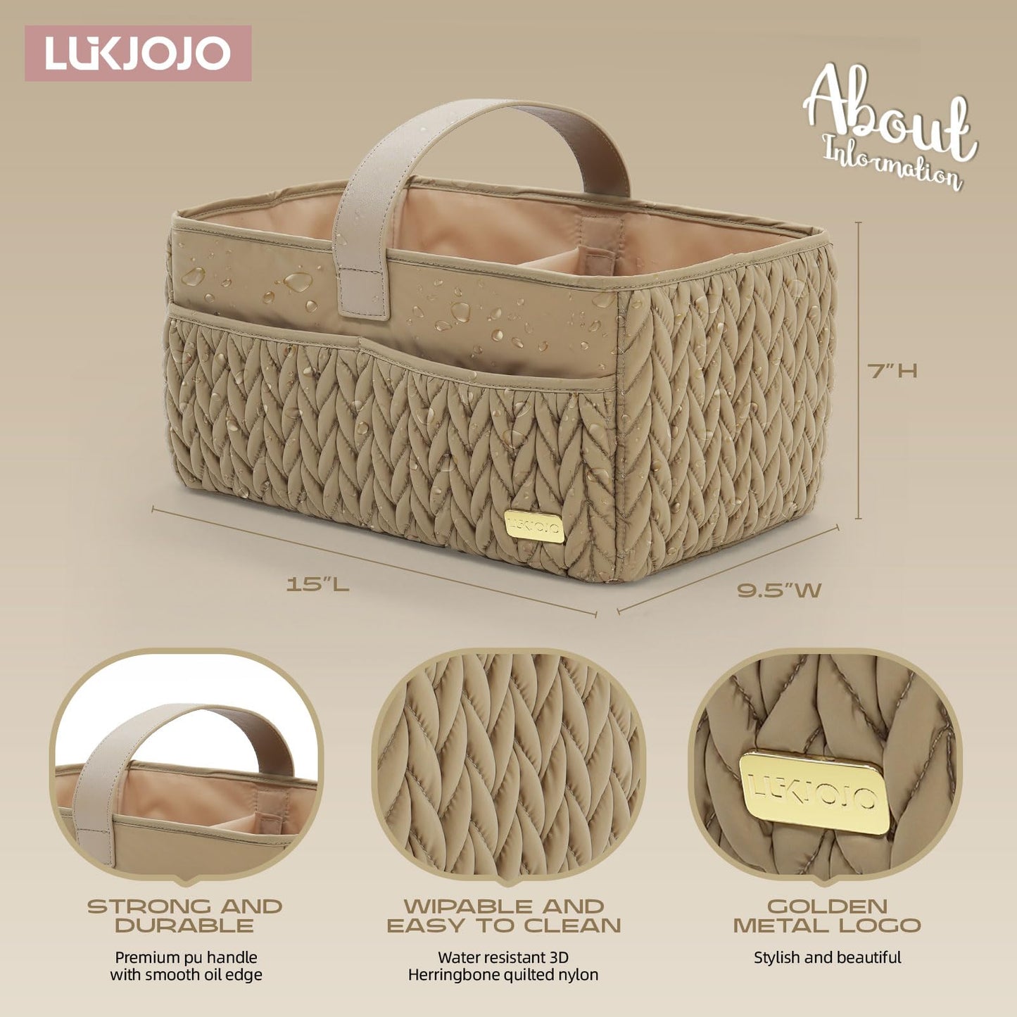 LUKJOJO Luxurious Baby Diaper Caddy, Nursery Storage Basket for Newborn Essentials, Travel Baby Basket for Diapers Baby Wipes, Organizer Tote Bag Storage Bin, Baby Shower Gifts(Beige)