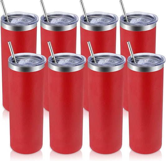 Volhoply 8 Pack Skinny Tumblers with Lid and Straw, 20oz Stainless Steel Straight Tumbler Bulk, Vacuum Insulated Coffee Mug for Home, Office, Travel, DIY (Red,8 Pack)