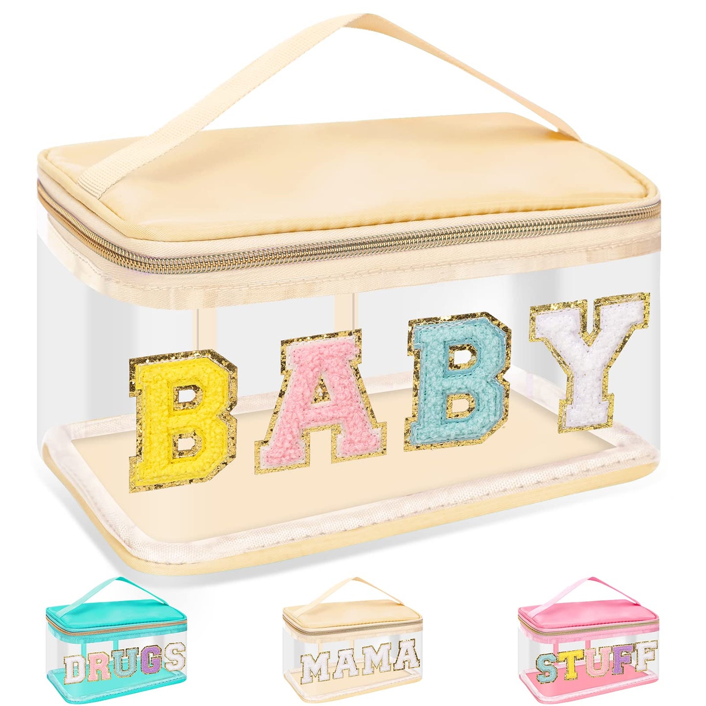 Chenille Letter Clear Makeup Bags Baby Pouch, Preppy Patch Makeup Bag Zipper with Handle, Transparent PVC & Nylon Waterproof Glitter Cosmetic Handbag Travel Toiletry Storage for Women Girl(BABY-Beige)