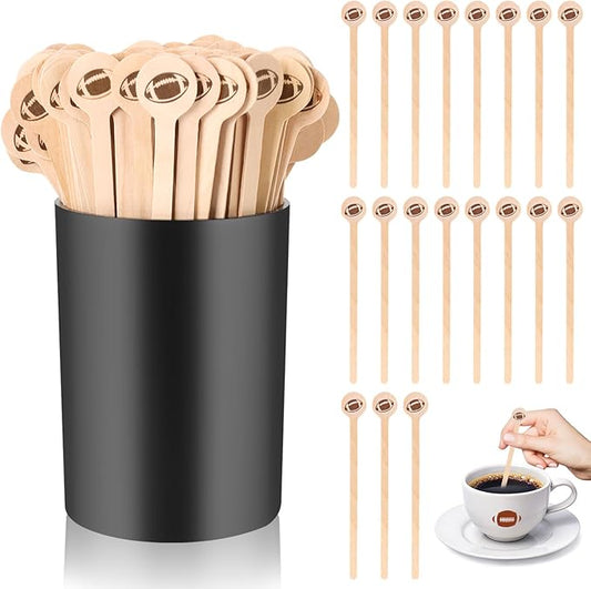 100 Pcs Football Coffee Stirrers with Holder 6 Inch Football Swizzle Sticks Wood Drink Stirrers Sports Black Stir Stick Holder Round End Cocktail Stirrers for Football Theme Party Favors Decoration