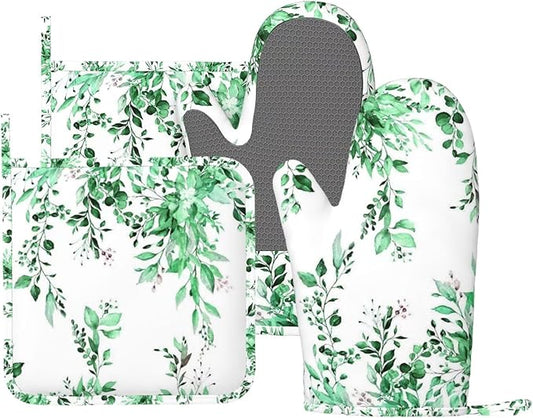 Green Eucalyptus Oven Mitts and Pot Holders Set, 4pcs Silicone Watercolor Plant Leaves with Floral Oven Glove for Kitchen Heat Resistant Oven Mitts and Potholders Non-Slip for Cooking