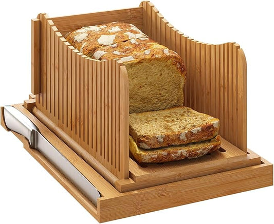 Large Bamboo Bread Slicer with Serrated Knife, Adjustable Bread Slicer Guide with 3 Thickness Size, Foldable Compact Chopping Cutting Board with Crumb Tray (Extra A - with Knife)