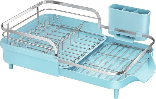 SAYZH Dish Drying Rack - Expandable Dish Rack for Kitchen Counter, Rust-Resistant Dish Drainer with Utensil Holder and Raised Guardrail, Kitchen Organizer for Cup and Bottle (Blue)