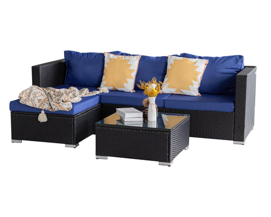 PAOLFOX 5 Piece Patio Furniture Sets,Patio Conversation Sets,Rattan Outdoor Furniture,Rattan Patio Chairs and Table,Black/Blue