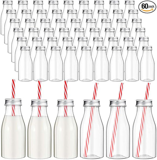 Yinkin 60 Sets Plastic Milk Bottles with Straws Lids Clear Plastic Containers for Dairy Milk Party Bottle for Juices Shakes Smoothies (8 oz,Red,White)