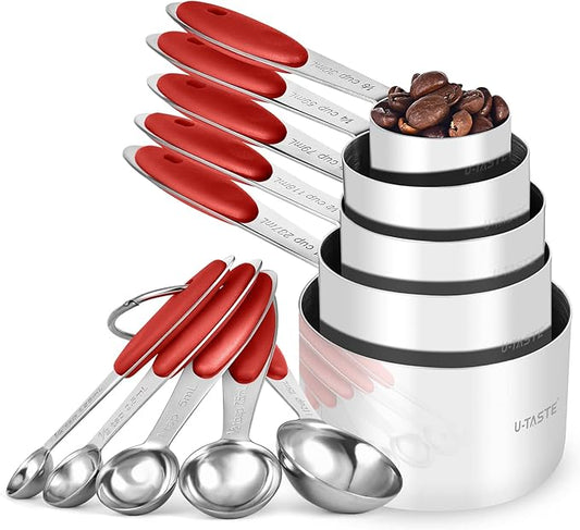 Measuring Cups and Spoons Set: U-Taste 18/8 Stainless Steel 10 Pieces Metal Stacking Kitchen Baking Cooking Food Measure Set 5 Cups 5 Spoons with Strengthened Weld Joints (Red Upgraded Version)