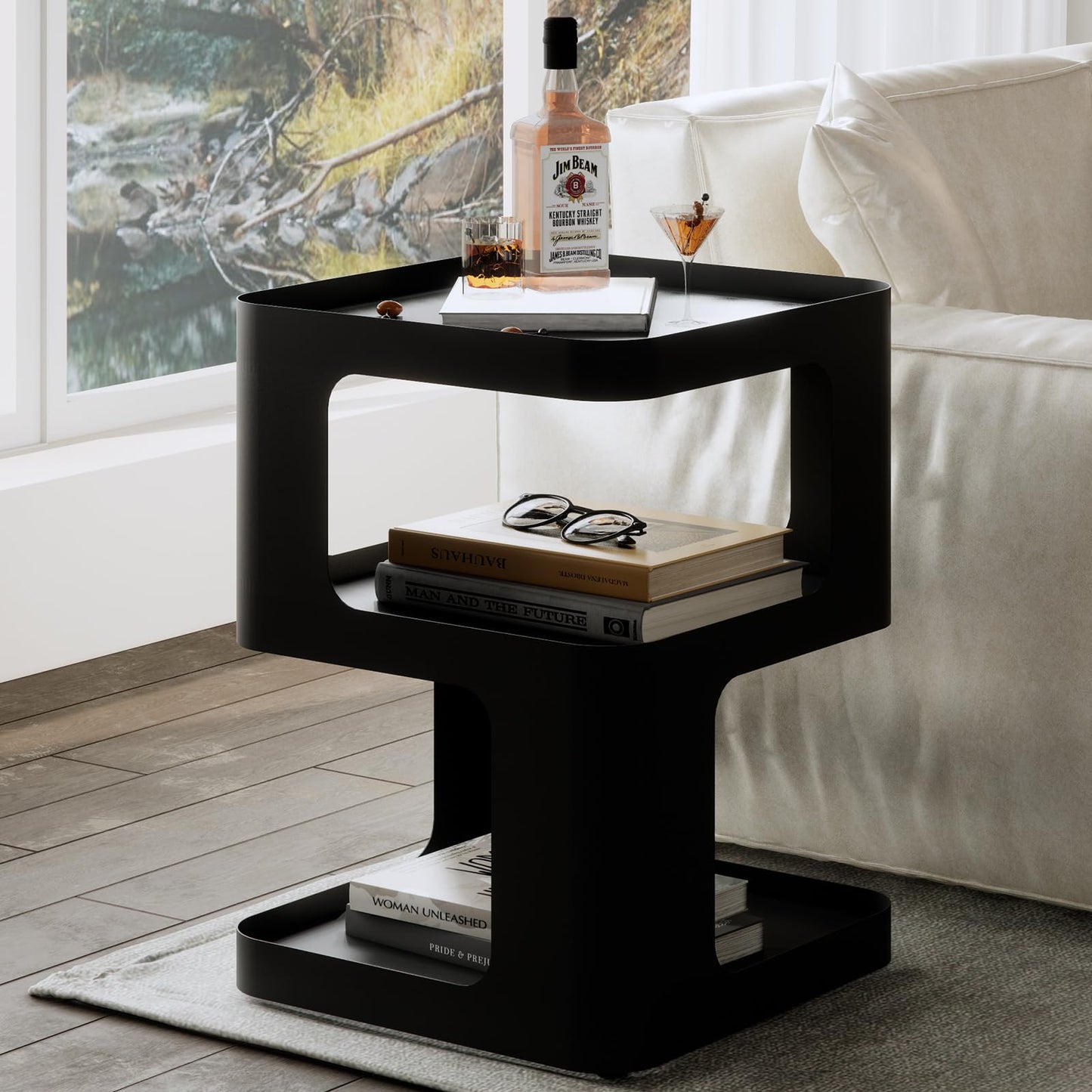 ZHBHYZ Side Table,Modern end Table,Unique nightstand,Bedside Table,Black Metal Night Stand with Storage,Accent Side Table for Couch,Bedroom,Living Room.No Assembly Required