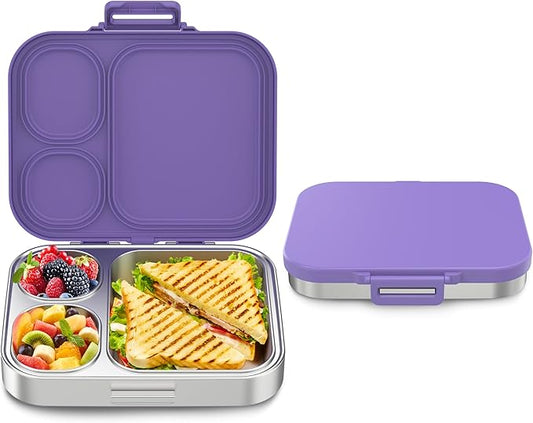 Howeemo Stainless Steel Bento Box Kids, Leak Proof Metal Bento Lunch Box,3 Compartments 304 Stainless Steel Bento Lunch Containers for School and Office,BPA-Free(Purple)