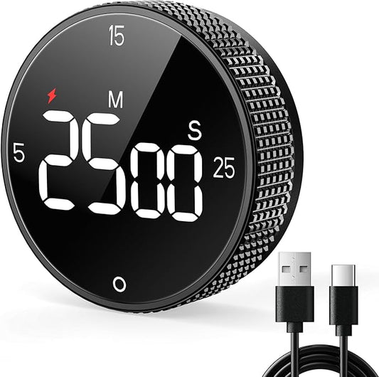 USB Rechargeable Magnetic Kitchen Timer for Cooking, Building 800mAh Battery Large Display Digital Countdown Countup Timer, 3 Preset 5/15/25 Mins Loud Alarm for Baking Grilling Studying