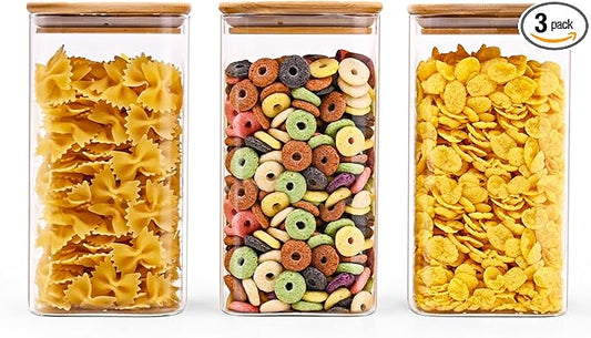 SHOWIN Glass Food Storage Jars Square 44oz, 3 Pack Glass Jars With Bamboo Lids, Kitchen Storage Containers For Spice, Candy, Cookie, Storage For Pantry Organizers