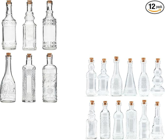 BULK PARADISE Decorative 6 Pack Clear Glass Bottles and Small Mini 12 Pack Clear Glass Bottles
