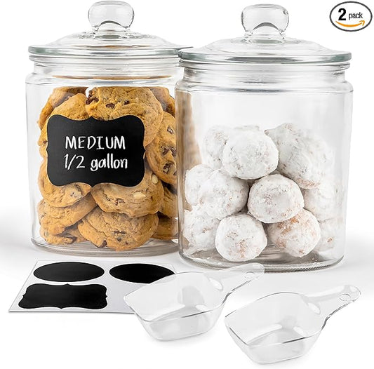 KooK Glass Storage Containers with Lids, 1/2 Gallon, Set of 2, Glass Kitchen Jars, Food & Cookie Storage Containers for Pantry, Bathroom Apothecary Canisters, Dishwasher Safe, Chalk, Label, Scoops