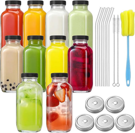 CUCUMI 10pcs 16oz Glass Juice Bottles with Lids, Reusable Juice Containers Drinking Jars Water Cups with Brush, Glass Straws, Lids with Hole | 10pcs, with Lids, Reusable, Juice Containers, Drinking Jars, Water Cups