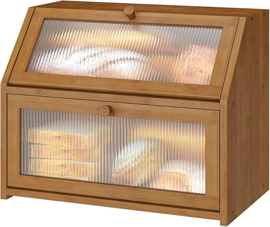 Bread Box for Kitchen Counter, Large Bamboo Wood Double Layer Bread Box, Wooden Bread Storage Capacity