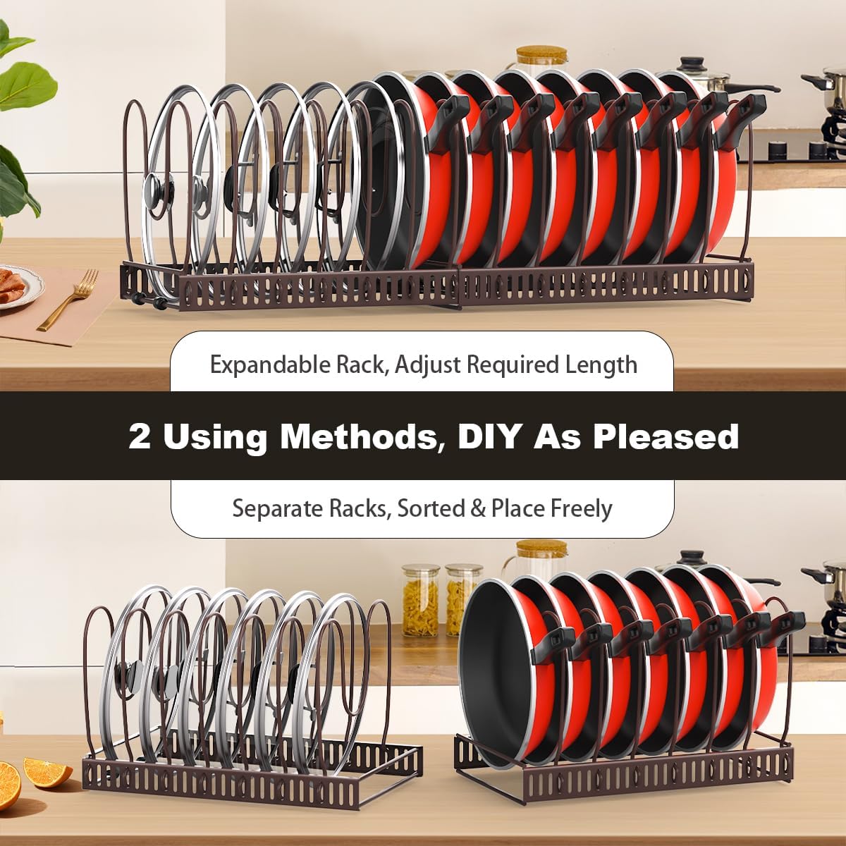 Housolution Pot and Pan Organizer Rack for Cabinet, Expandable Pot Lid Organizer with 14 Adjustable Dividers, Pan Holder Storage Rack for Kitchen Cabinet, Bronze