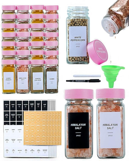 36 Glass Spice Jars with Label-4oz Spice Containers with Pink Lids and Shaker Lids,3 Sets of Spice Labels 1 Collapsible Funnel 2 Erasable Markers (36)
