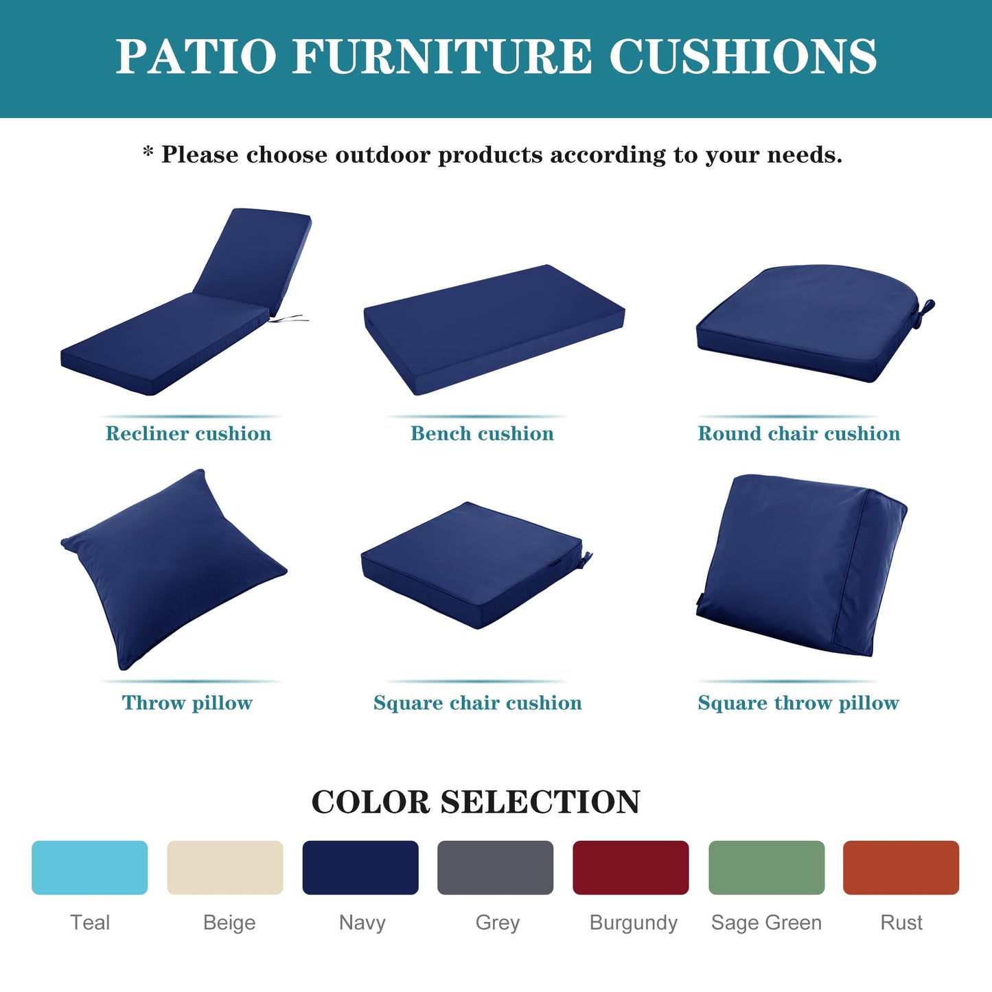 Comcaver Outdoor Chair Cushions 24x24 Inch, Waterproof Fade Resistant Deep Seat and Backrest Cushion Set for Patio Furniture, Navy, 1 Set