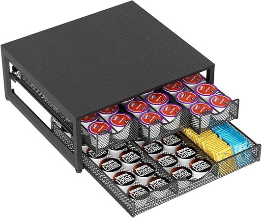 Coffee Pod Holder For Counter, 3 Pull-Out 72 K-Cup Holder Drawer, Wooden Cafe Pods Storage Organizer with Sliding Drawers for Coffee Station, Home, Kitchen, Office, Dorm (Black)