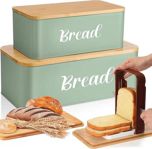 Teenyyou 2 Pcs Extra Large Bread Box with Slicer, Metal Farmhouse Bread Storage Container with Bamboo Cutting Board Lids Multi-size Breadbox Set for Kitchen Countertop (Sage Green)