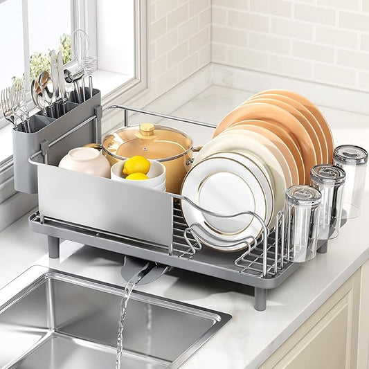 Dish Drying Rack Large Capacity - Stainless Steel Dish Rack for Kitchen Counter with Drain Board, Rustproof Dish Drainer with Auto Drain Spout Utensil Holder Glass Holder, Dinnerware Organizer, Gray