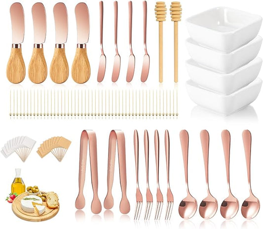 Charcuterie Board Accessories with 3 Oz Ceramic Dip Bowls, Wooden Handle Rose Gold Cheese Spreader Butter Knive Set Kit, Mini Tongs, Spoons, Forks,Honey Dipper, Cocktail Picks