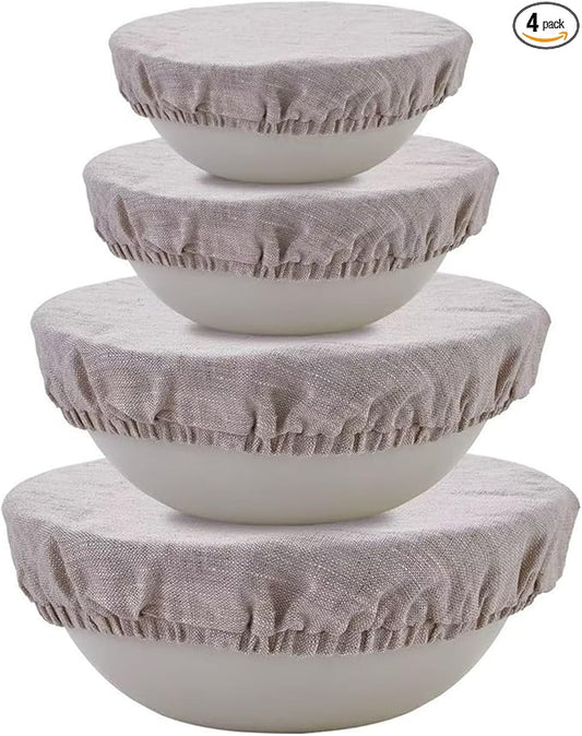 100% Pure Linen Bowl Covers For Bread Proofing, 4 Pcs Elastic Reusable Solid Color Cloth Fabric Bowl Covers,XL Organic Washable Large Stretch Sourdough Lids 6 * 8 * 10 * 12 Inches, Linen