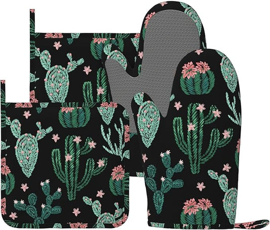 Trendy Cactus Oven Mitts and Pot Holders Sets of 4, Heat Resistant Silicone Oven Mittens and Potholders Gloves Hot Pads for Kitchen Cooking Baking Grilling BBQ Chef
