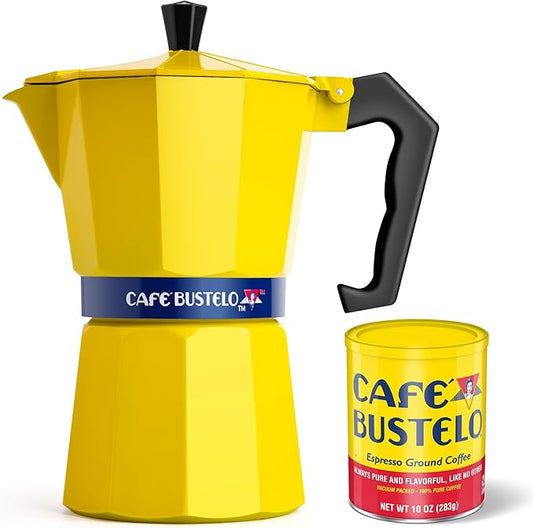 LORD'S ROCKS Café Bustelo Stovetop Espresso Maker – 300 ml Cup Moka Pot Coffee Percolator, Durable Aluminum with Heat-Resistant Handle, Bold Yellow Design – Authentic Café-Style Coffee at Home