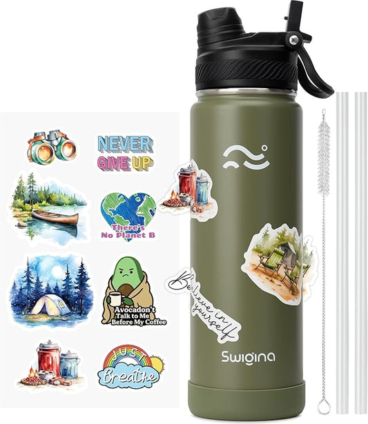 Swigina [2-IN-1 LID] Insulated Water Bottle with Silicone Boot (36hrs Cold/18hrs Hot) - DIY Stickers, Leakproof, BPA Free, 24 oz