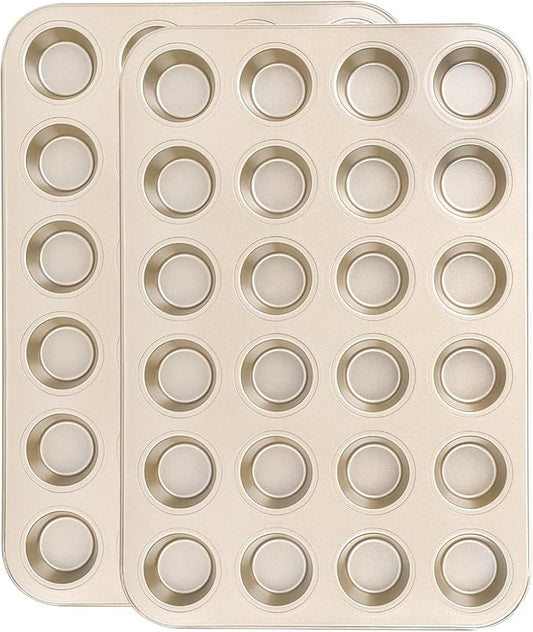 Beasea Nonstick Mini Muffin Pan 24 Cups, 2 Pack 24 Mini Small Tiny Cup Non Stick Muffin Baking Pan Tin Tray Carbon Steel Bakeware Individual Cupcake Baking Pan - Gold