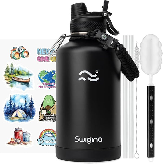 Swigina [2-IN-1 LID] 64 oz Insulated Water Bottle with Silicone Boot (48hrs Cold/24hrs Hot) - DIY Stickers, Leakproof, BPA Free, Half Gallon