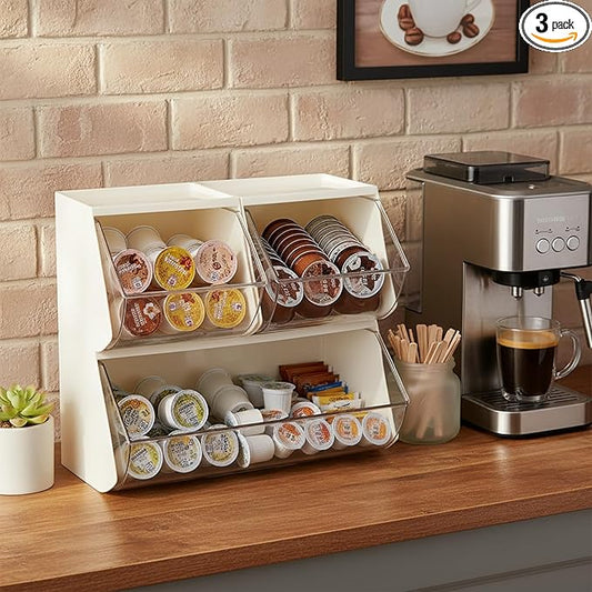 3 Pack Coffee Pod Basket for Kitchen Counter, Plastic Storage Organizer Box for Office Desk, Large Tea Bags Holder ( Cream / Clear )